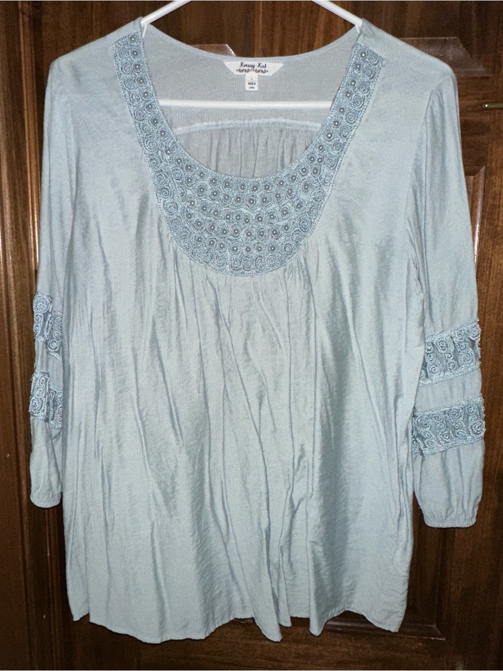krazy kat Light Blue Embroidered Scoop-Neck Tunic